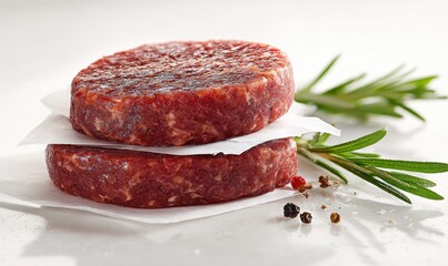 Two raw, slightly frozen beef patties stacked on parchment paper, next to rosemary sprigs and peppercorns on a white background