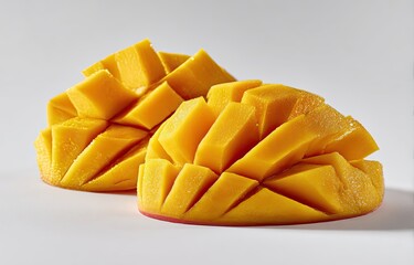 Two ripe mango halves, meticulously diced into uniformly sized, vibrant yellow-orange cubes, rest on a stark white background, showcasing their juicy, sweet interior