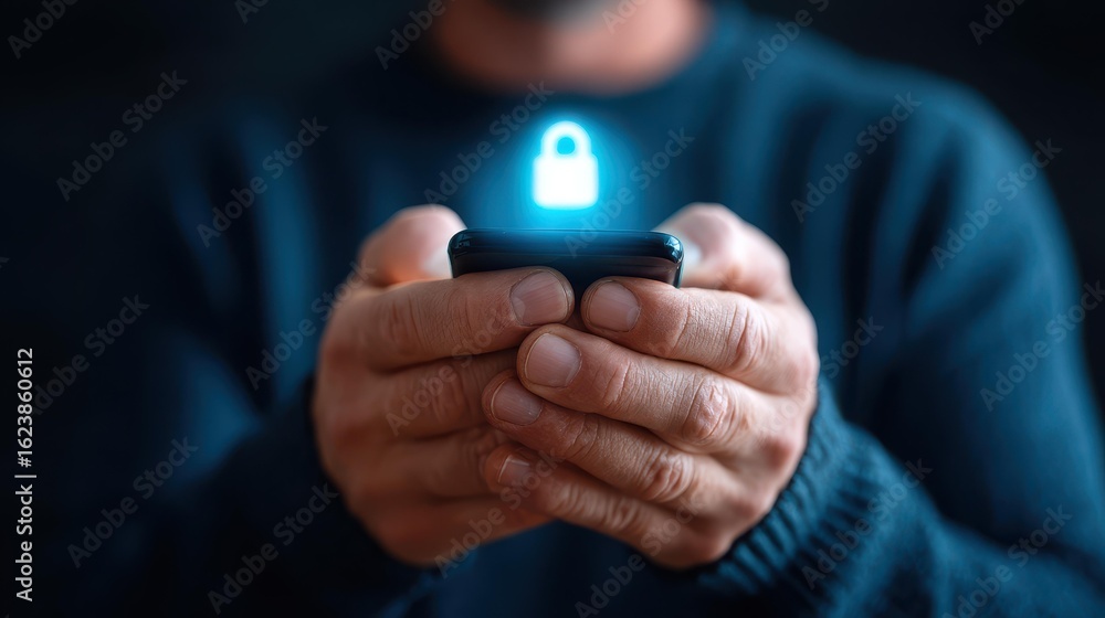 Poster guard your data with mobile security a person holds a smartphone with a lock icon, symbolizing safet