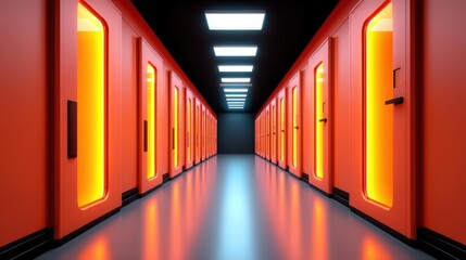 Fototapeta premium A vibrant data storage server room, illuminated with an orange glow, showcases cuttingedge tech for global network connections.