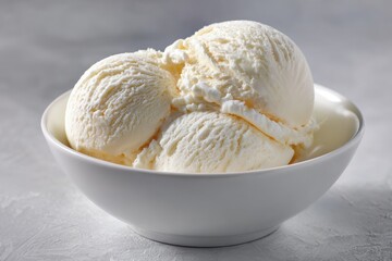 Two scoops of creamy vanilla ice cream nestled in a simple white bowl, sitting on a light gray surface