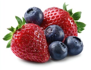 Two ripe strawberries and four plump blueberries, glistening with moisture, are clustered together against a stark white background