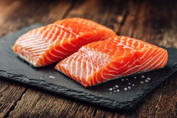 Two vibrant salmon fillets, skin-on, rest on a dark slate serving board atop a rustic wooden surface, lightly sprinkled with sea salt