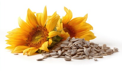 Two vibrant yellow sunflowers nestled beside a generous pile of their harvested, light grey seeds, isolated on a stark white background