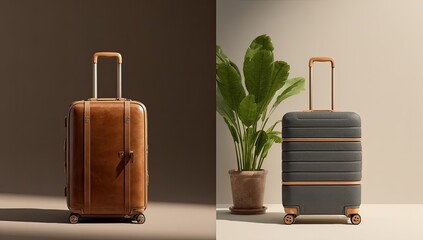 Two wheeled suitcases, one brown leather, one dark grey hard shell, both with gold accents and handles, shown against neutral backgrounds, one with a potted plant