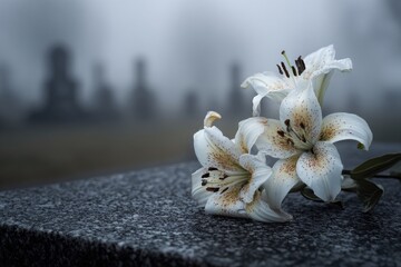 Two white lilies with brown speckles rest on a gray stone surface in a foggy graveyard