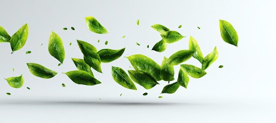 Vibrant green leaves float in mid-air against a stark white backdrop, creating a sense of lightness and freshness