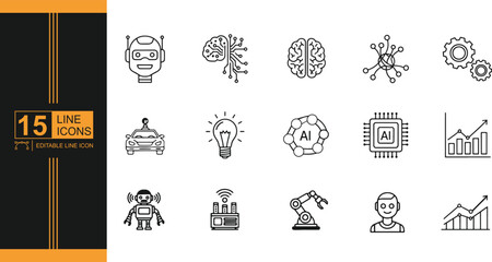 Artificial Intelligence and Robotics Line Icon Set Future Technologies and Automation Concept Smart Solutions and Machine Learning Innovations Editable Stroke