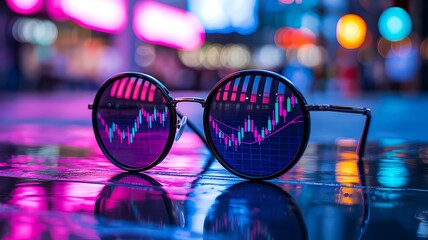 Stock market graph reflecting in round sunglasses at night