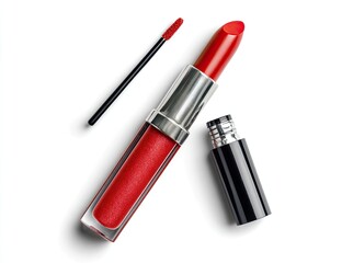 Vibrant red lipstick, lip gloss, and applicator against a stark white backdrop, showcasing glossy textures and metallic accents