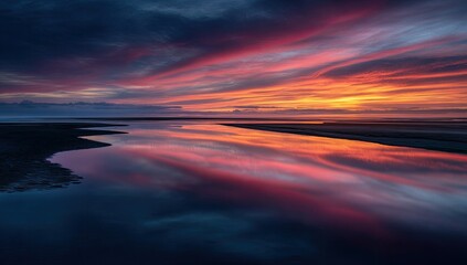 Vibrant sunset paints the sky with fiery hues, reflecting in a tranquil, still body of water at low tide, showcasing a dramatic, colorful landscape