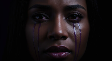 Retrato artístico de uma mulher com lágrimas lilases escorrendo pelo rosto, expressão de dor e resistência Agosto Lilás
