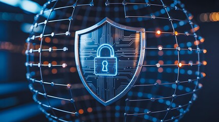 Digital lock shield in futuristic data protection sphere