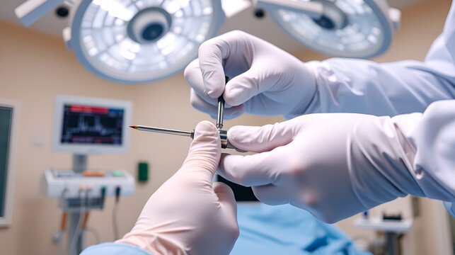 Close up of doctor hands in sterile gloves attaching laparoscopic trocar to surgical grasper Operating theatre. Modern equipment in clinic. Emergency room.