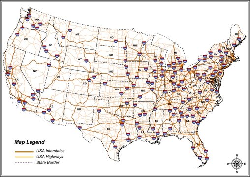 USA Interstates and Roads Map