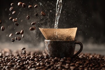 Water pours into a paper filter nestled in a dark-glazed mug, amidst a flurry of coffee beans and steam on a bed of roasted beans
