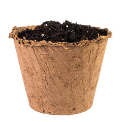 Biodegradable clay pot filled with rich dark soil for planting or gardening, eco-friendly planting container for seedlings and flowers, natural growth