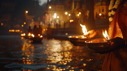 A dynamic shot of evening Aarti being performed at the Ganga ghat, with glowing lamps with glowing accents