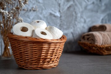 Wicker basket overflowing with toilet paper rolls sits on a counter next to another basket holding rolled towels, against a textured grey wall