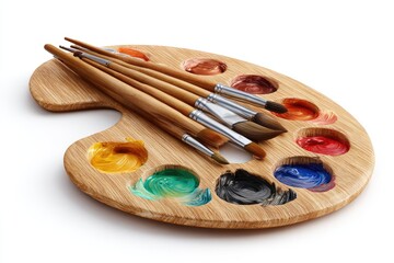 Wooden artist's palette with assorted paint colors and paintbrushes resting on it, isolated on white background
