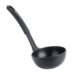 Black non-stick ladle with long handle for cooking and serving dishes in kitchen, durable utensil for stir and scooping soups, sauces, and stews