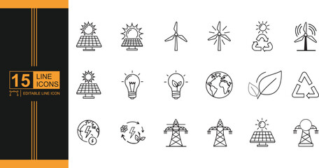 Collection of Line Icons Depicting Renewable Energy Sources and Sustainable Practices for Environmental Preservation