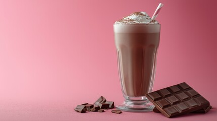 Chocolate milkshake with whipped cream and chocolate pieces on pink background