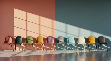 Colorful Chairs Row Minimalist Interior Design Stock Photo