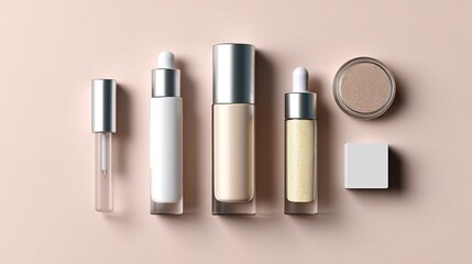 High resolution flat lay of face serums primers makeup bases arranged for morning routine beauty concept clean minimal white or blush toned background
