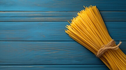 Bundle of uncooked spaghetti on a blue wooden surface