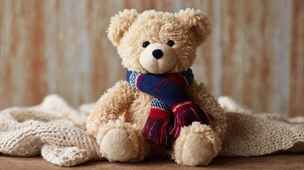 Teddy bear in plaid scarf sitting on a knitted blanket with a rustic backdrop