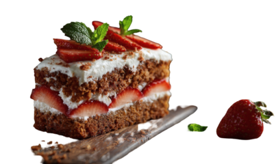 Indulge in a decadent slice of chocolate cake layered with fresh strawberries and creamy frosting, artfully garnished with mint leaves for a delightful dessert experience.