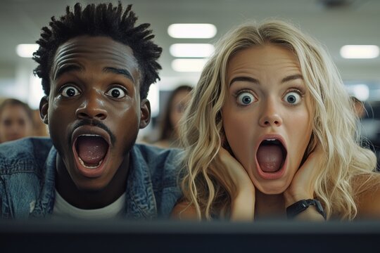 prankster plays trick on coworker switching their computer mouse settings reverse, leading surprised and puzzled reaction in bright office setting