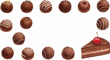 Chocolate truffles and cake on illustrated postcard for Chocolate Day with copy space