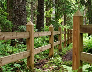 Wooden fence through lush forest path