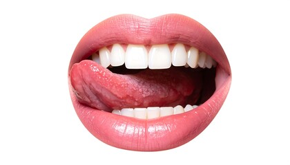 Obraz premium Close-up of a woman's mouth with pink lips and white teeth, tongue sticking out