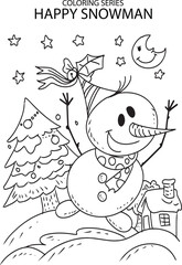 vector line art christmas tree with snowman