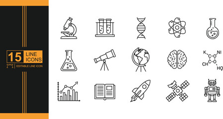 Science and Technology Vector Icons Set for Education Research and Innovation representing a variety of scientific disciplines