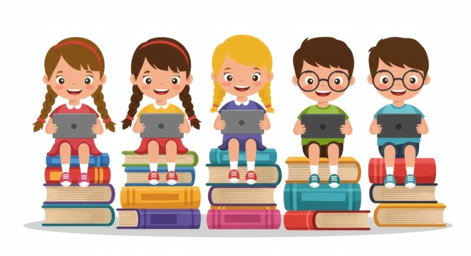 Happy diverse children sitting on stacks of books using tablets for e-learning and modern education concept