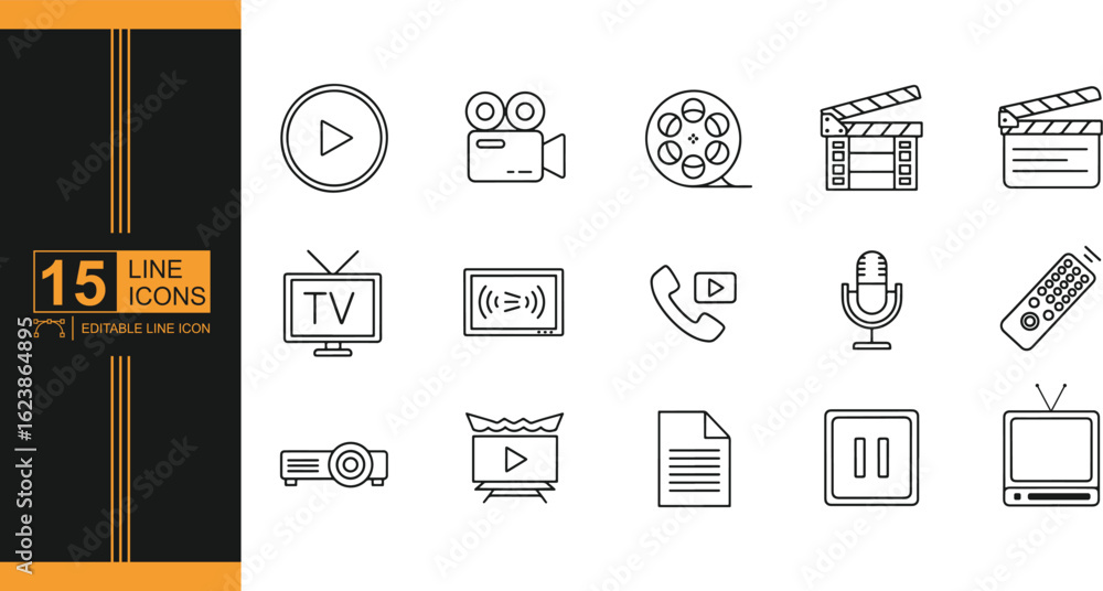 Poster set of fifteen different icons related to video television and movie creation in minimalistic outlin