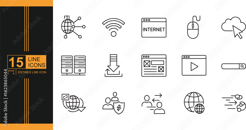 Poster set of fifteen modern line icons representing connectivity data transfer and online interaction for 