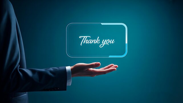 Businessman hand presenting digital button with thank you message