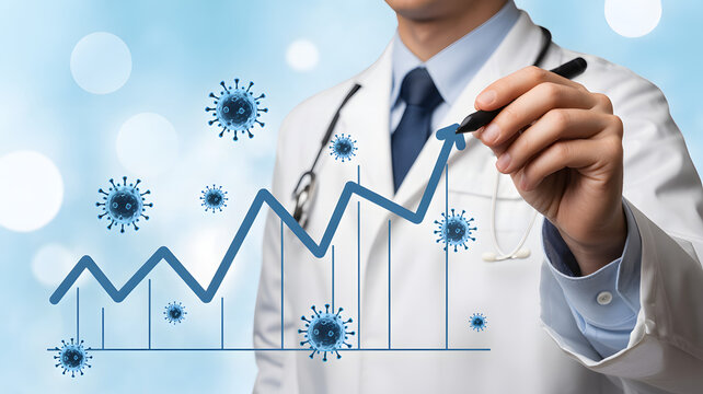 Doctor analyzes rising virus cases with upward trend graph