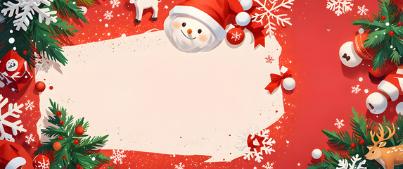 Décors de Noël bonhomme neige, cadeaux et sapin avec cadre blanc pour texte - style anime manga couleur - 