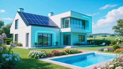 Fototapeta premium Modern Futuristic Minimalist House with Solar Panel and Swimming Pool Architecture