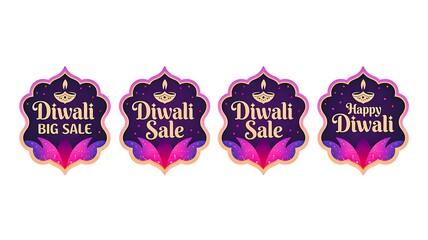Diwali festival sale labels with glowing diya and decorative festive design