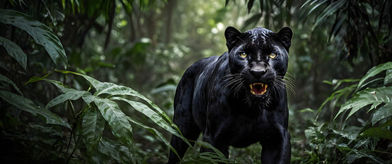 Panther on Alert in Dense Jungle