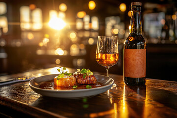 Elegant setting showcases beautifully plated dish of air soup featuring luxurious presentation captivating golden hour lighting fine dining experience awaits patrons