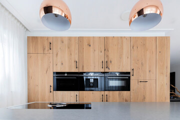 Built-in kitchen appliances with wooden cabinet integration, copper pendant lighting and sleek...