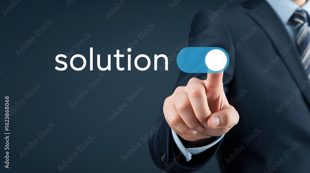 Poster businessman activates solution with finger on toggle switch in modern setting